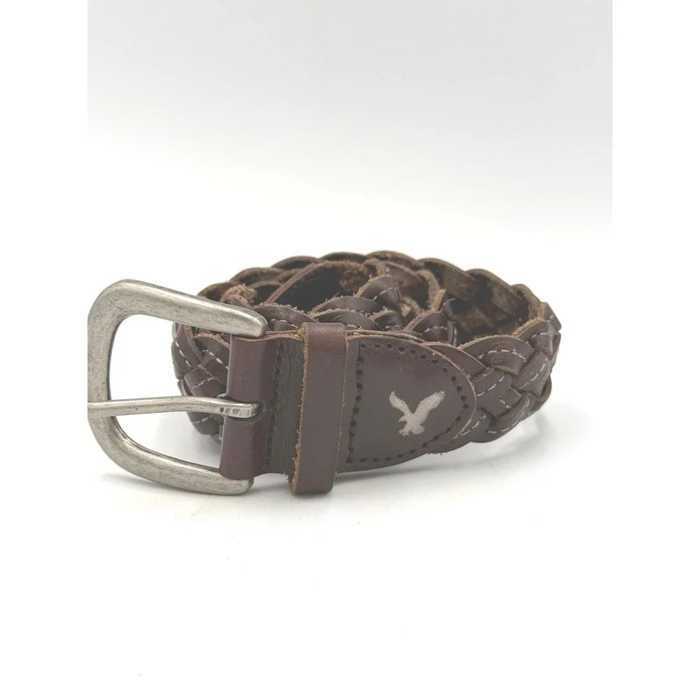 American Eagle Braided Belt Size Small Brown Leather Woven Stitch Detail 90s Y2K